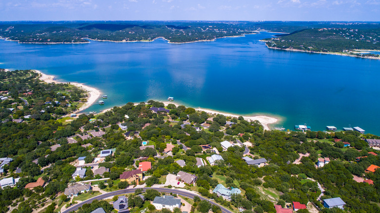 Aerial view of Lake Travis in Burnet County in Texas' Hill Country