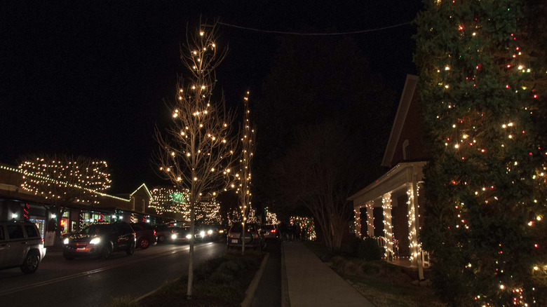 cars lined up on street surrounded by Christmas decorations