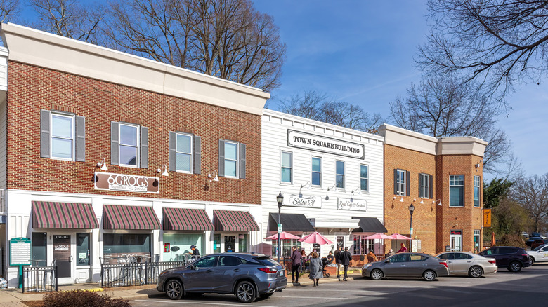 Town Square in downtown Matthews with people walking