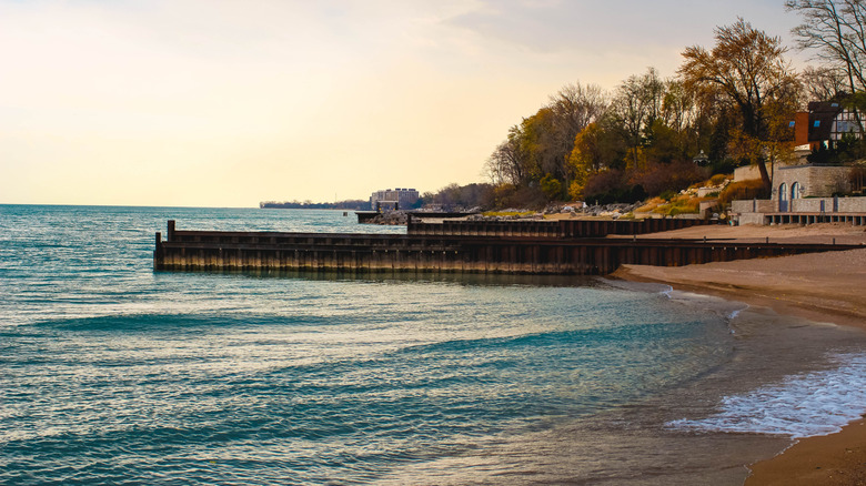 Sunset over beach in Winnetka, Illinois