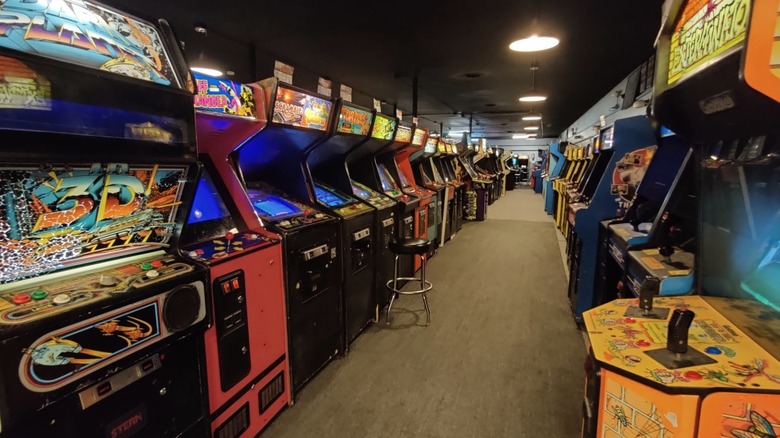 Rows of vintage arcade games at Galloping Ghost Arcade outside Chicago, Illinois