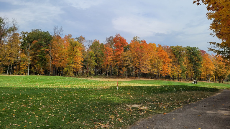 Autumn colors lining the fairway at Kyber Run Golf Course in Johnstown, Ohio