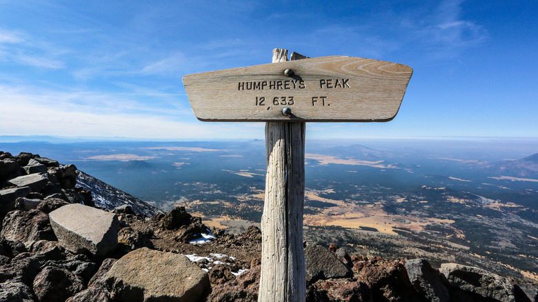 Humphreys Peak sign at top of mountain Kachina Peaks Wilderness