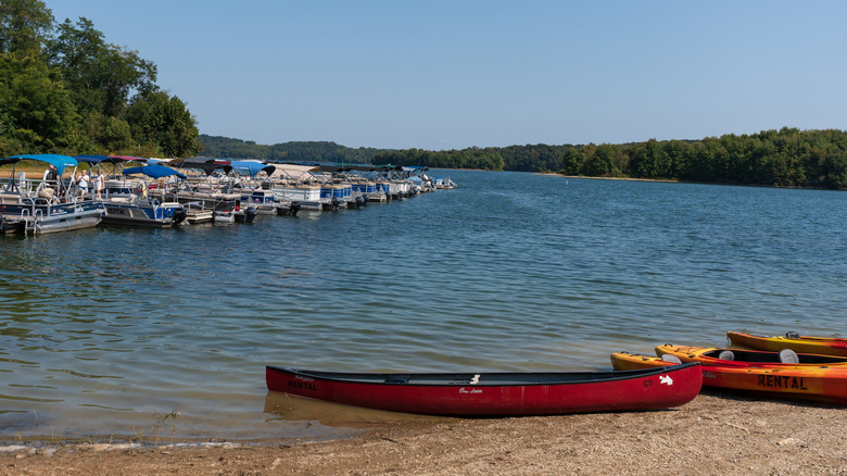 Canoes and kayaks along the water edge of the lake at the Codorus State Park, Hanover, Pennsylvania