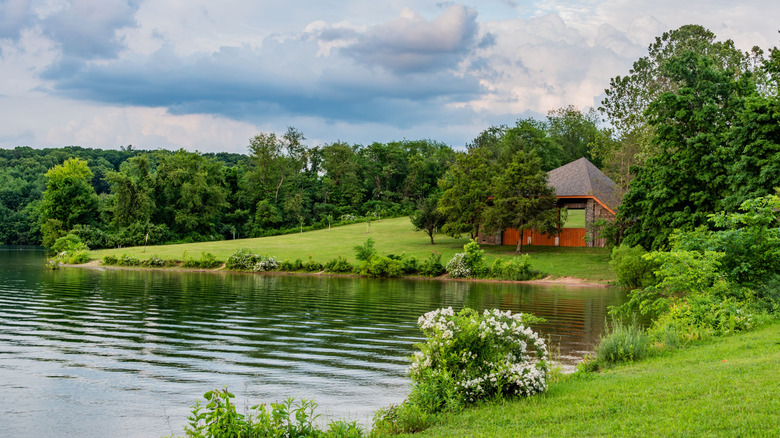 Lake Marburg surrounded by greenert at Codorus State Park, Hanover, Pennsylvania, on a cloudy day