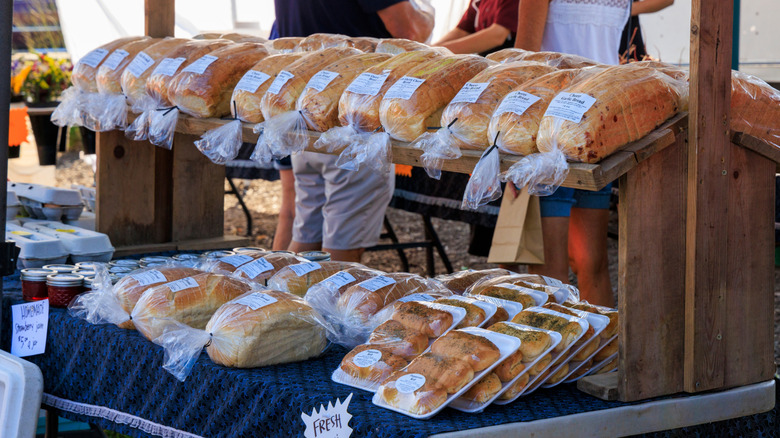Homemade bread stall at a farmer's market in Fishers, Indiana