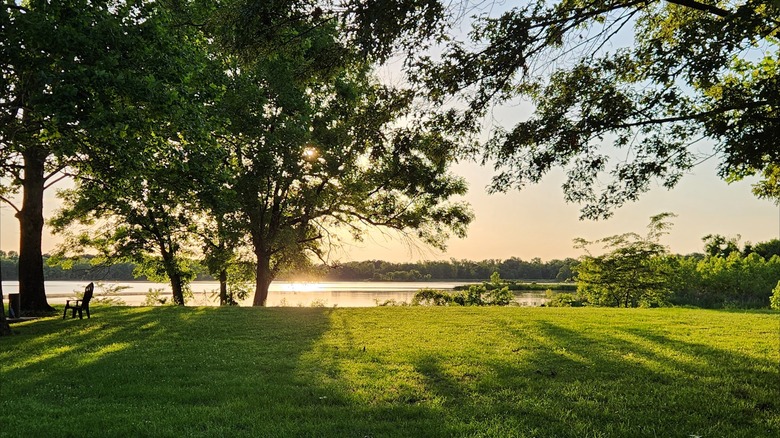 Grassy lawn bordering the Arkansas River at Willow Beach Park, Scott, Arkansas