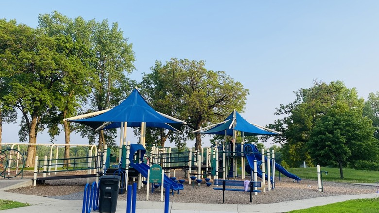 The playground with slides and bridges at Parkers Lake Park in Plymouth, Minnesota