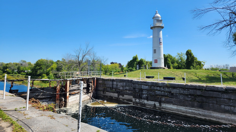 View of canal lock and lighthouse from Parc des Ancres, Quebec