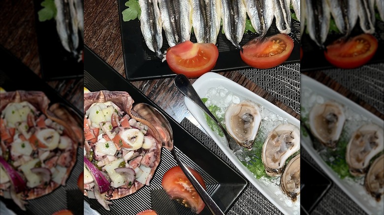 Marinated anchovies, octopus salad, and oysters from Dubrovnik Restaurant in New Rochelle