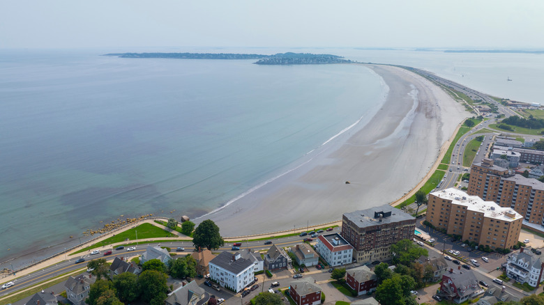Aerial view of Nahant Long Beach and Nahant Road in Nahant, Massachusetts.