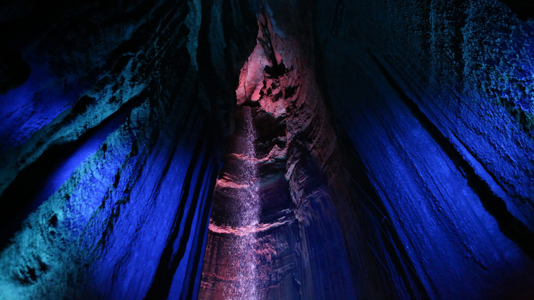 Colored lights illuminate Ruby Falls in Lookout Mountain, Tennessee