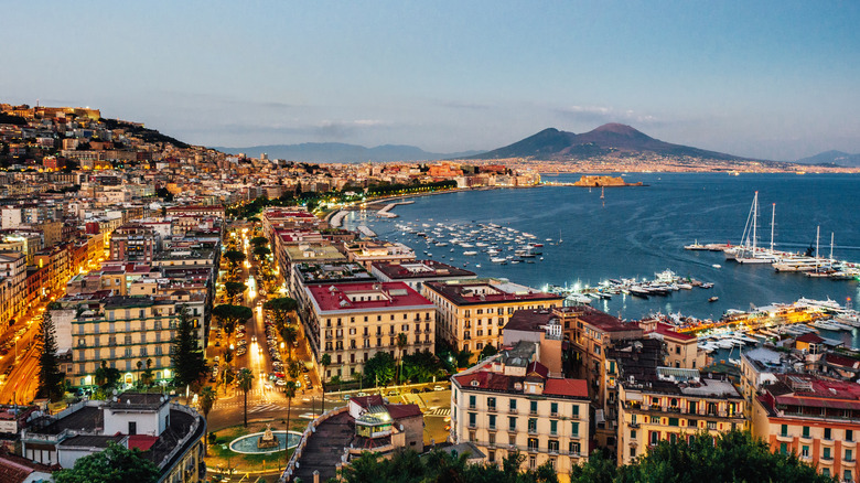 Naples cityscape with busy streets and view of the harbor.