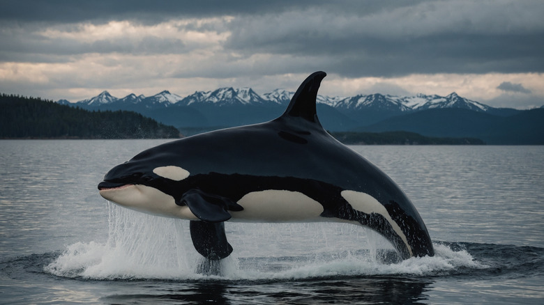 Orca breaching out of the ocean with snow-capped mountains in the background
