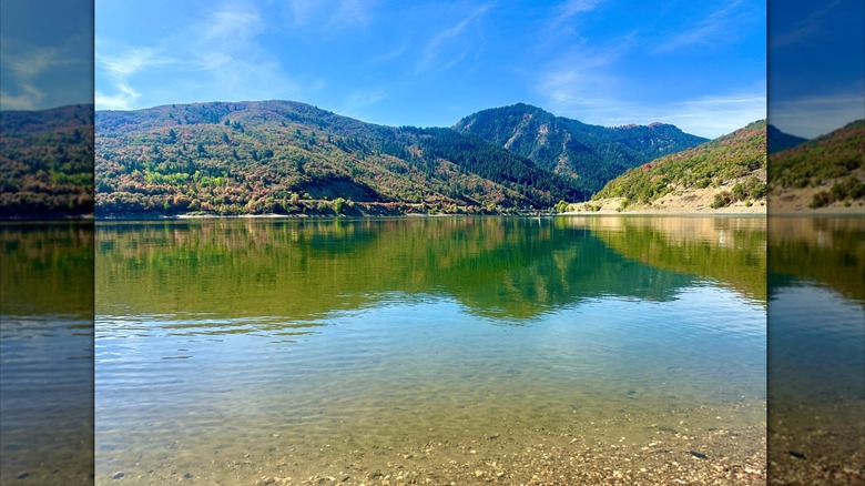 Calm waters ripple at Pineview Reservoir near Eden, Utah