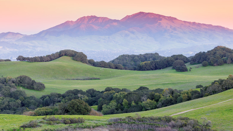 Sunset over Mount Diablo and grassy rolling hills of Briones Regional Park, California