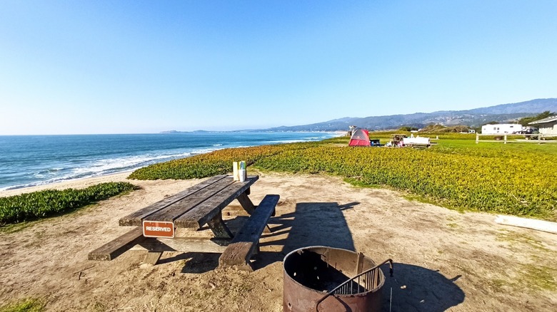 A wooden picnic table at Francis Beach campground overlooks the ocean and beach.