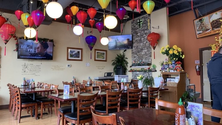 Colorful lanterns hang in Rose Pho in Normandy Park, Washington