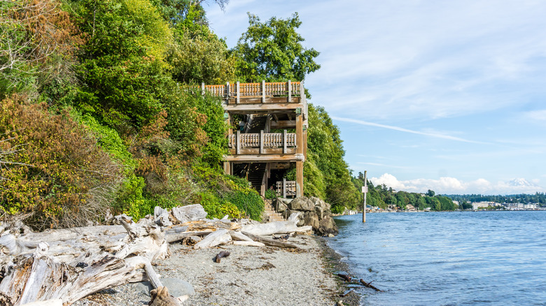 The wooden stairs tower at Marine View Park in Normandy Park, Washington