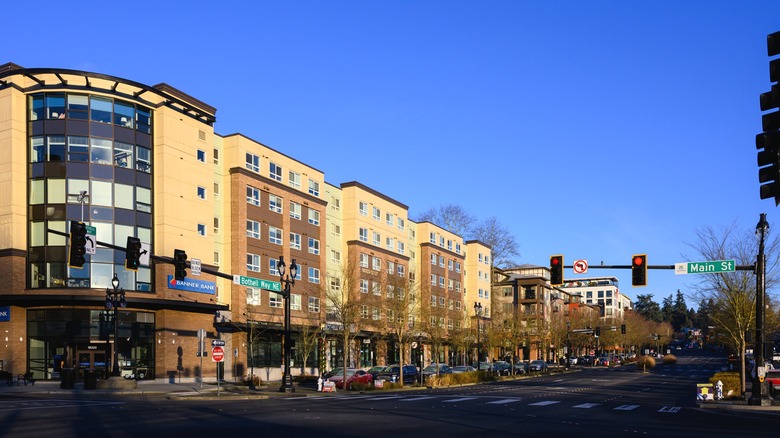 View of downtown Bothell at intersection with offices and apartments