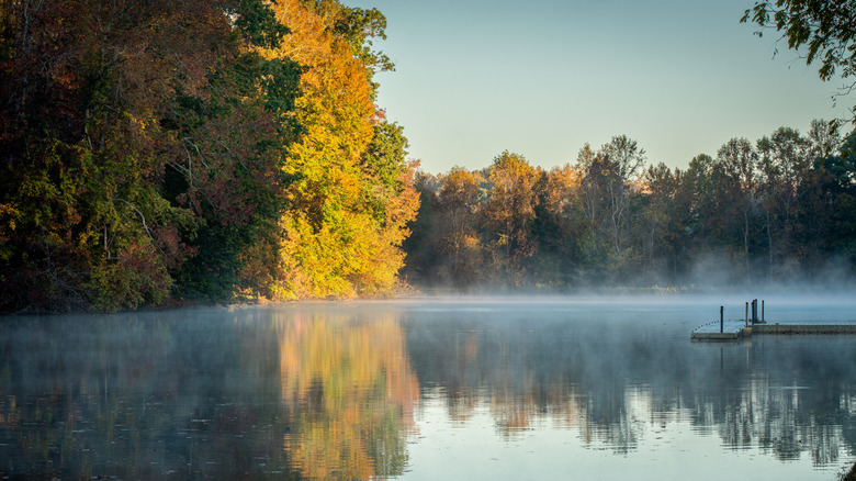 Fall mist hovers above Mallard Lake in Tanglewood Park, Clemmons