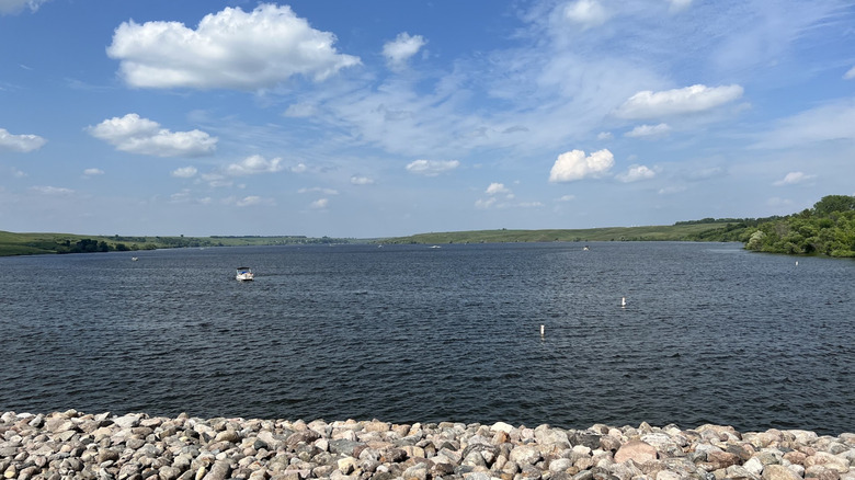 A view of Lake Ashtabula and blue skies above dotted with clouds