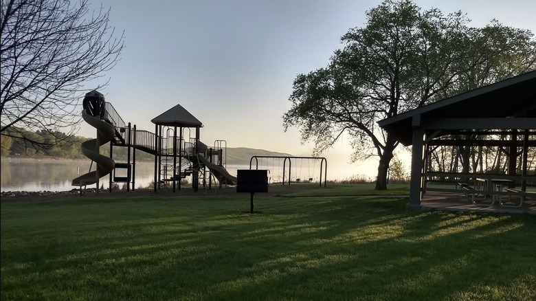 A view of the playground and picnic area from the East Ashtabula Crossing Day Area at Lake Ashtabula