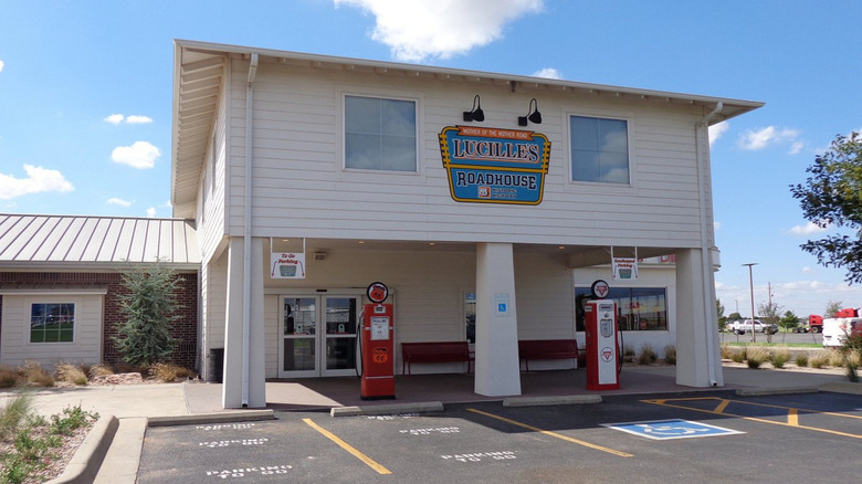 Lucille's Roadhouse is a Weatherford, Oklahoma restaurant with a storefront replica of a famous Route 66 roadside gas station