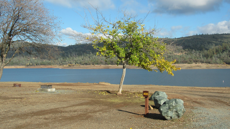 A waterfront campsite at Collins Lake in Northern California