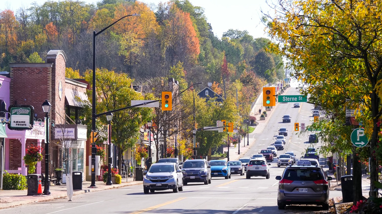 Cars driving through tree-lined center of Bolton in Ontario, Canada
