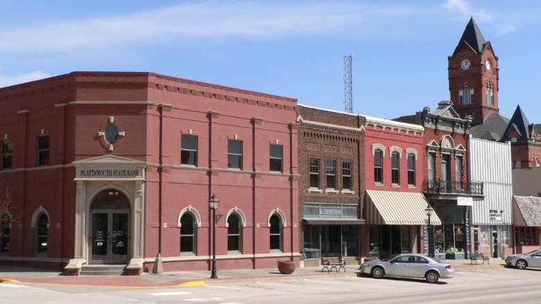 Plattsmouth Main Street Historic District with clock tower in background