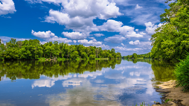 The Fox River near Yorkville, Illinois, flanked by green trees; the blue sky and white clouds are reflected in the water.