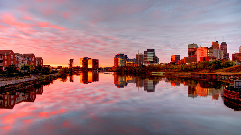 Sunset over water in Newark