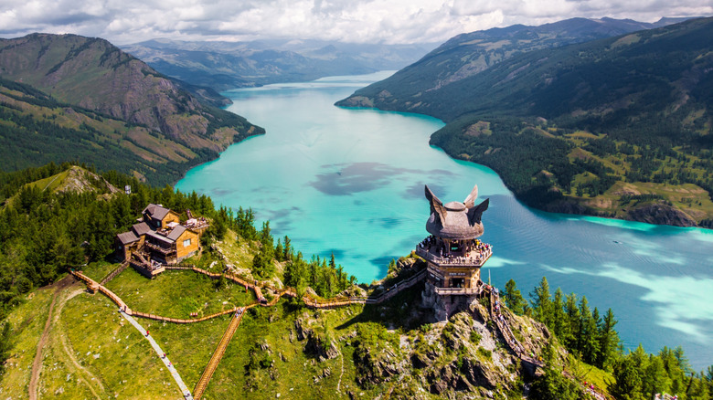 View from above Kanas Lake in China, with temple in the foreground