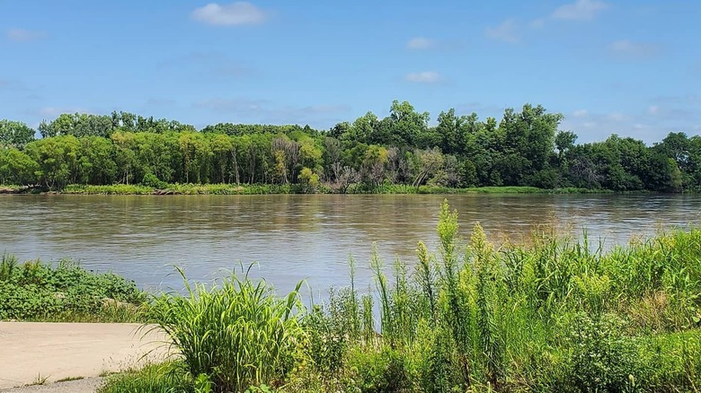The Kansas River at Kaw River State Park, Kansas, surrounded by greenery on a sunny day