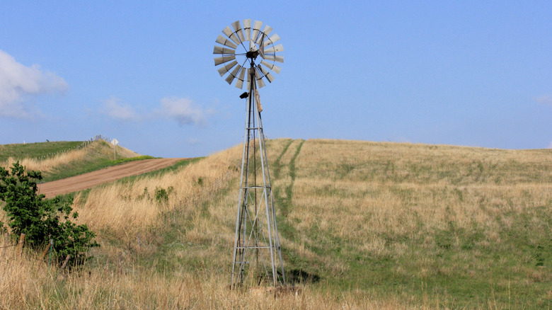 A windmill in a Kansas field near Kanopolis Lake.