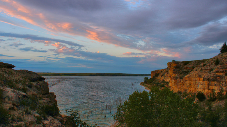 Cedar Bluff Reservoir in Kansas at sunset