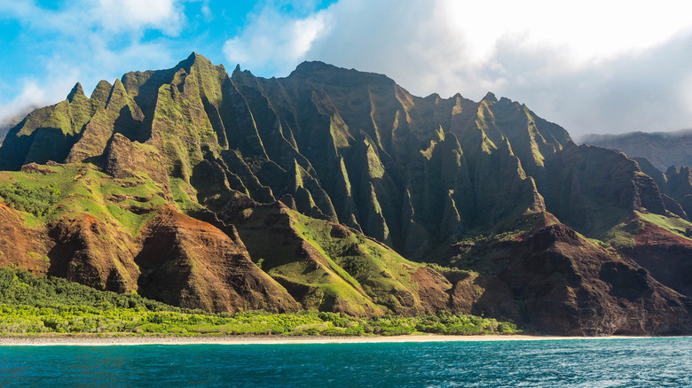 cliffs meeting the ocean in kauai, hawaii