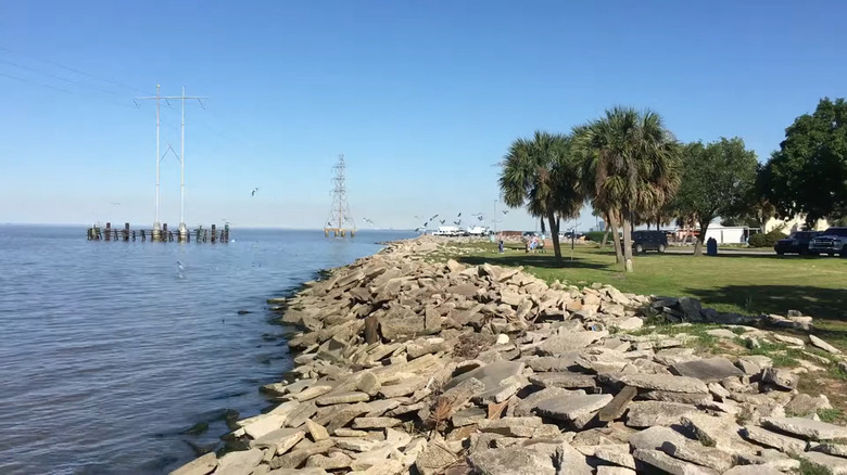 Rocky shore on the water in Kenner, Louisiana