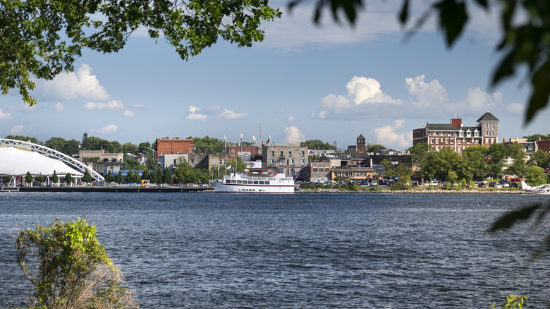 Kenora's downtown skyline and harborfront viewed from Lake of the Woods, Ontario, Canada