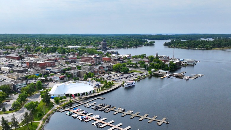 Aerial of downtown district and harbor of Kenora, Ontario, Canada