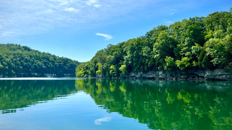Trees and sky are reflected in the glass-like clear waters of Lake Cumberland, Kentucky