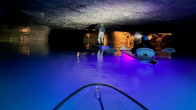 Kayak tour inside an abandoned lime mine in Red River Gorge, Kentucky