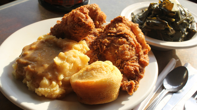 plate of southern fried chicken and sides
