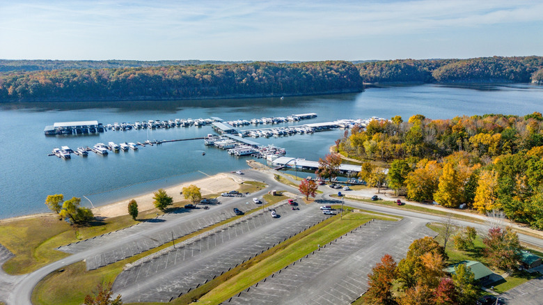 Aerial view of Holmes Bend Marina on Green River Lake in autumn