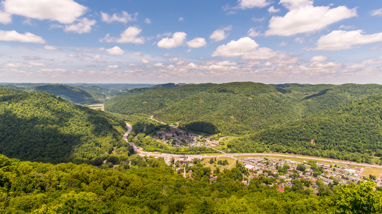 Ariel view of Pineville, Kentucky, a town tucked into the rolling green hills