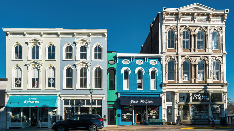 Colorful buildings on a sunny day in downtown Georgetown, Kentucky