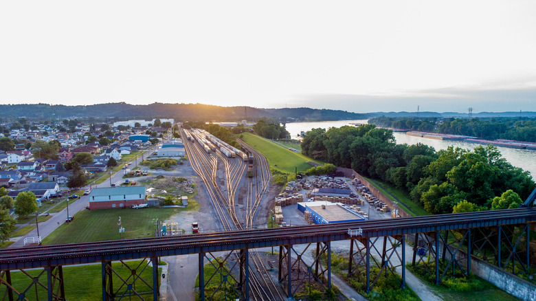 An aerial view of Ashland, Kentucky's railyard, homes, and the Ohio River