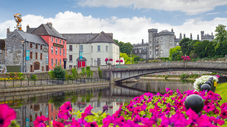 Buildings on the River Nore in Kilkenny, Ireland with Kilkenny Castle in the background