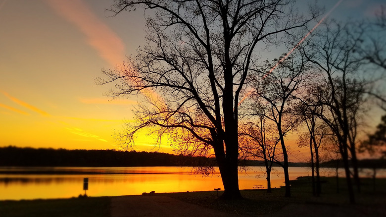 An orange sky over Kiser Lake State Park in Ohio